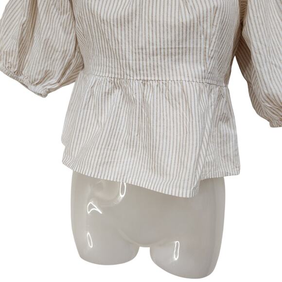 Sim & Sam Cottagecore Blouse Puff Sleeve Square Neck Striped White Tan Medium - Picture 5 of 8